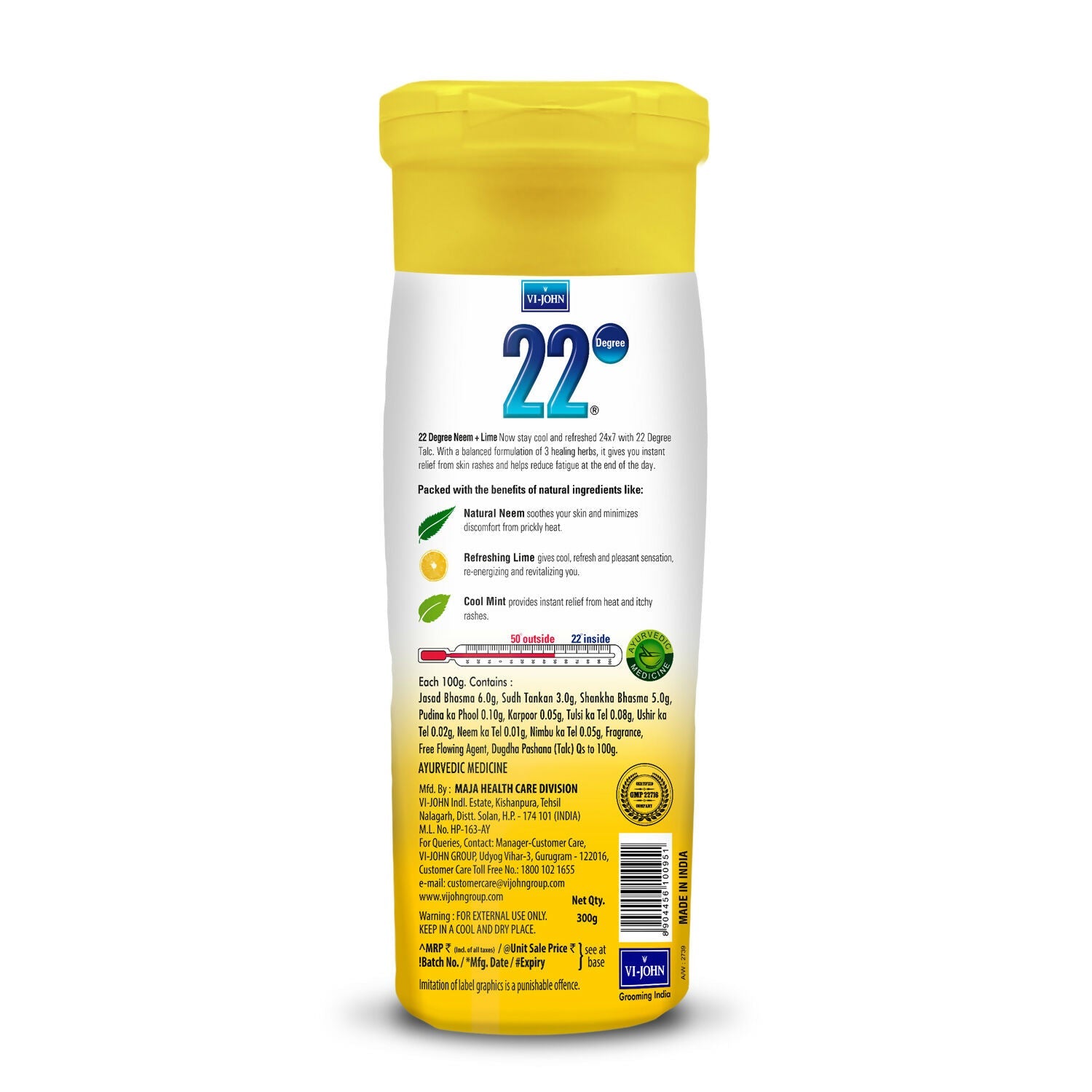 VI-JOHN 22 Degree Cooling Talc Beat the Heat Neem and Lime | Grocsy