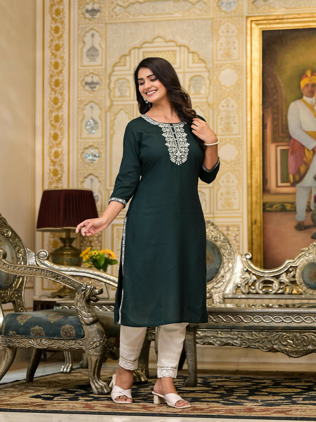 Juniper Women's Green Thread Embroidered Rayon Kurta | Grocsy