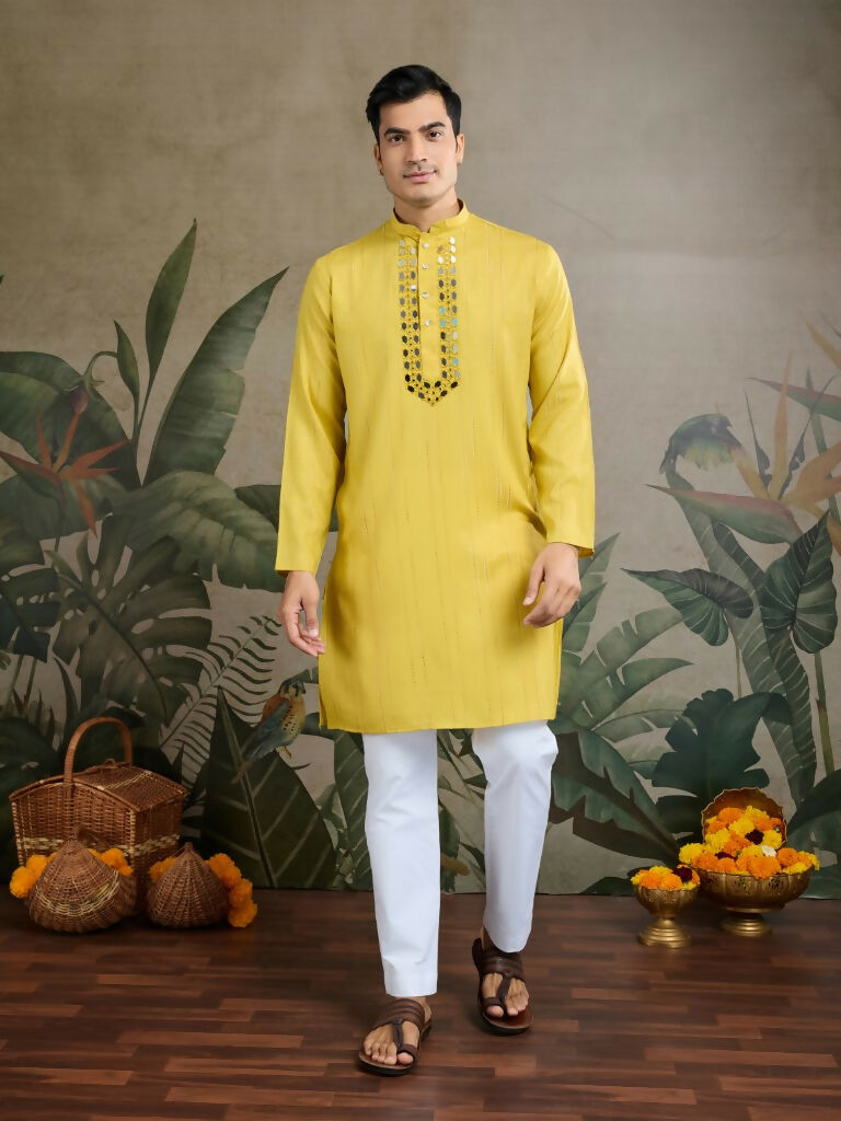 Vastranavya Yellow Exclusive Viscose Silk Festival Wear Real Mirror Work Kurta with Dupatta | Grocsy