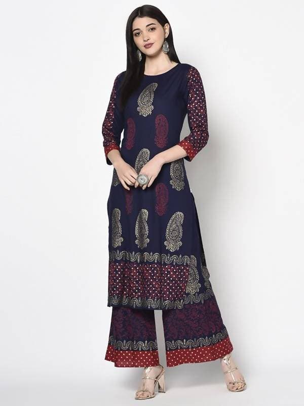 Aniyah Rayon Navy Blue Color Block Print Straight kurta (AN-180K) | Grocsy