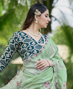 Teeya Creation Pista Color Pure Paper Silk Heavy Embroidery Work Wedding Wear Saree | Grocsy