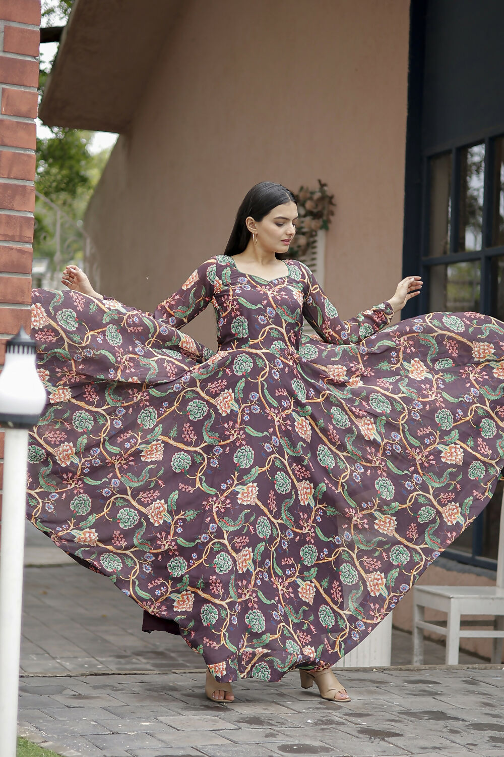 Aayaa Designer Printed Georgette Full Flare Gown With Dupatta - Multi Color | Grocsy