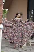 Aayaa Designer Printed Georgette Full Flare Gown With Dupatta - Multi Color | Grocsy