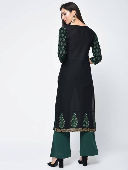 Aniyah Cotton Block Printed Black Straight Kurta (AN-131K) | Grocsy