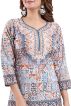 Snehal Creations Phenomenal Blue Faux Crepe Printed Tunic Top | Grocsy