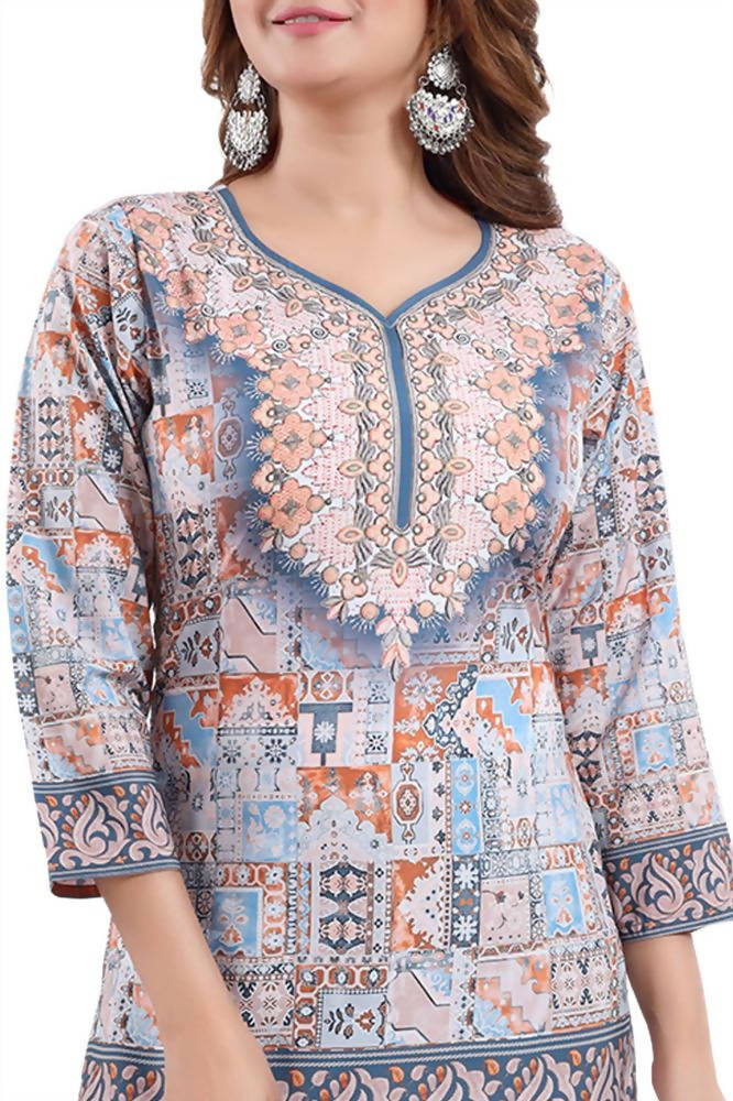 Snehal Creations Phenomenal Blue Faux Crepe Printed Tunic Top | Grocsy