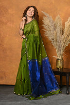 Very Much Indian Handloom Pure Cotton Silk Saree With Sleek Golden Border - Green | Grocsy