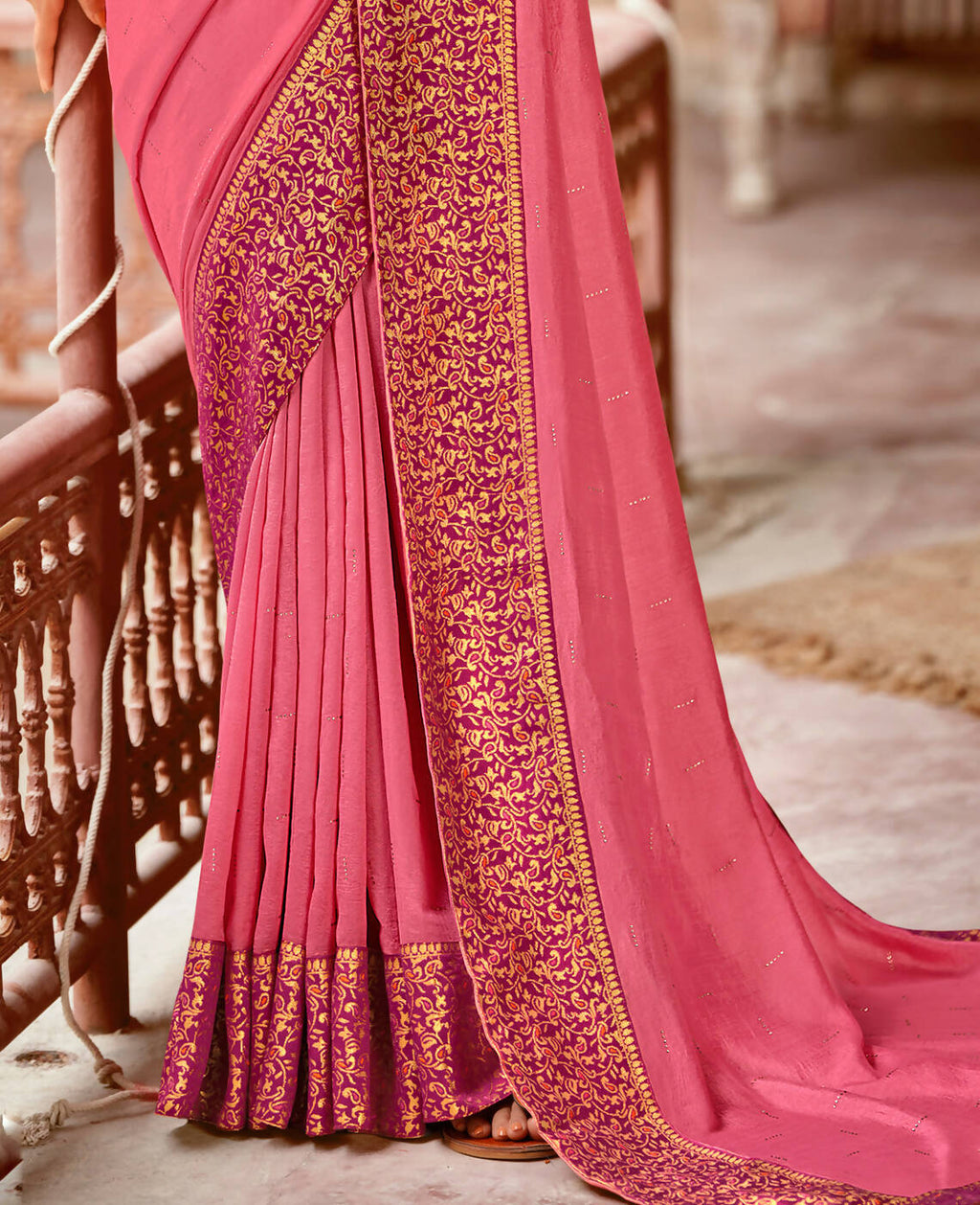 Pink Vichitra Stone Work Saree With Unstitched Blouse Piece - Rosy | Grocsy