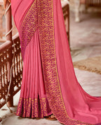 Pink Vichitra Stone Work Saree With Unstitched Blouse Piece - Rosy | Grocsy