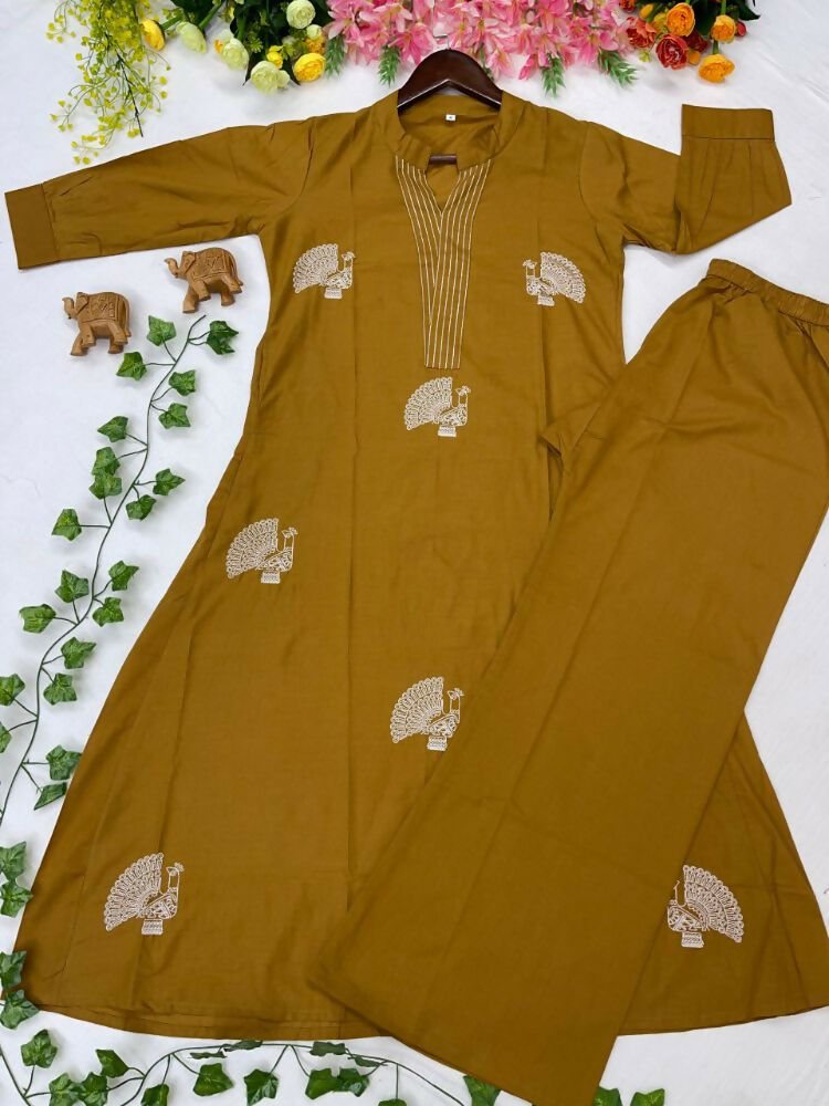 Teeya Creation Women Mustard Cotton Printed Kurta with Trousers Co-ord Set | Grocsy