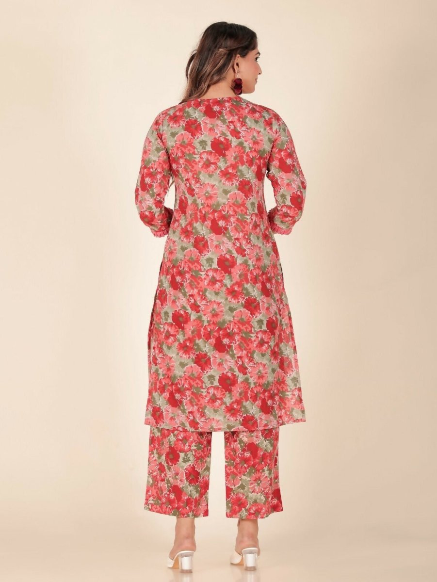 Aramya Red Soft Cotton Floral Print Panelled Kurta Set for Women | Grocsy