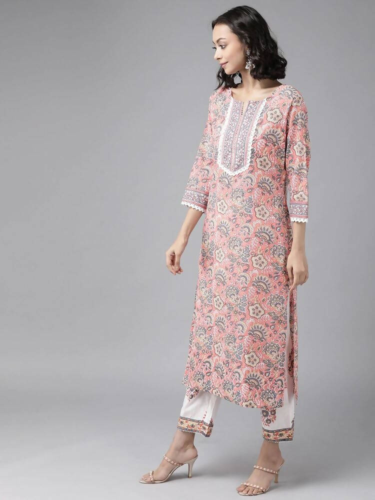 Yufta Peach Hand Block Printed Kurta with Trouser and Dupatta | Grocsy