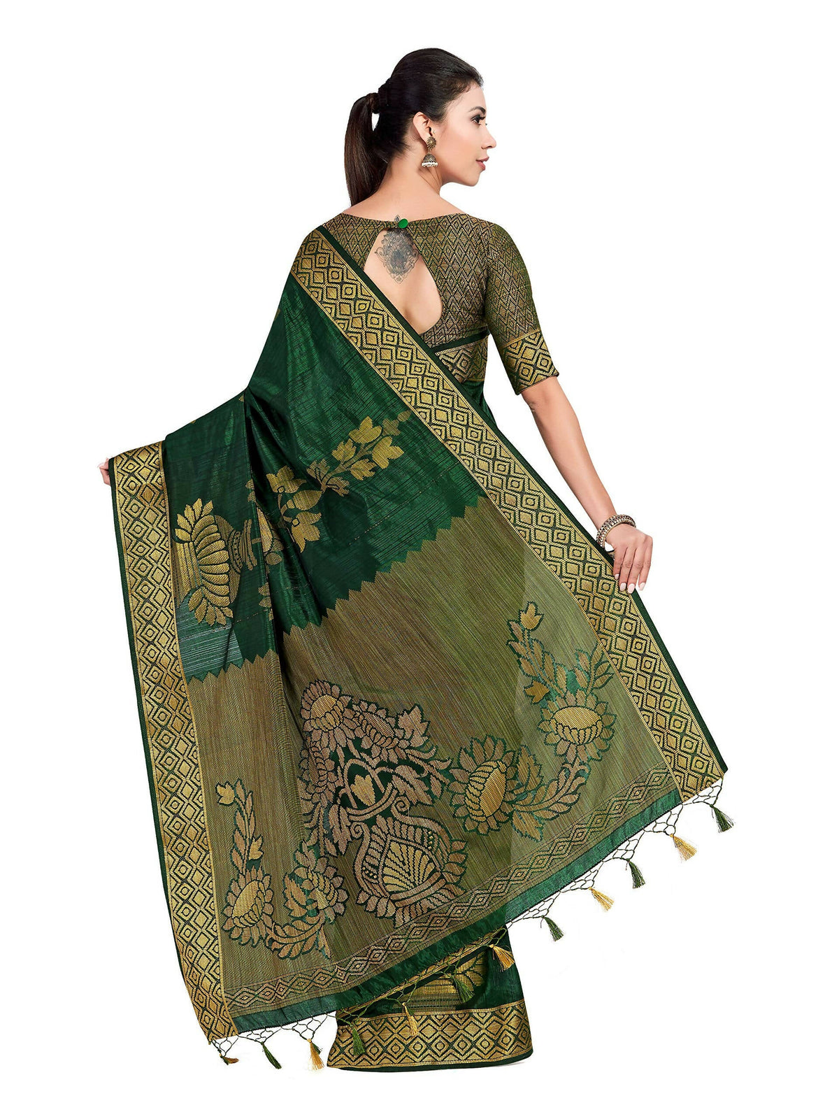 Mimosa Women's Dark Green Kanchipuram Art Silk Saree | Grocsy