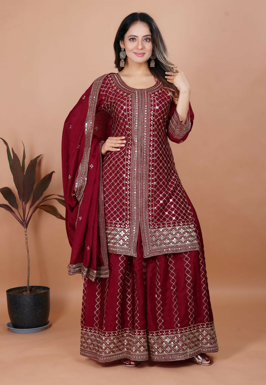 Teeya Creation Maroon Color Chinon Silk Embroidery Work Palazzo Set | Grocsy