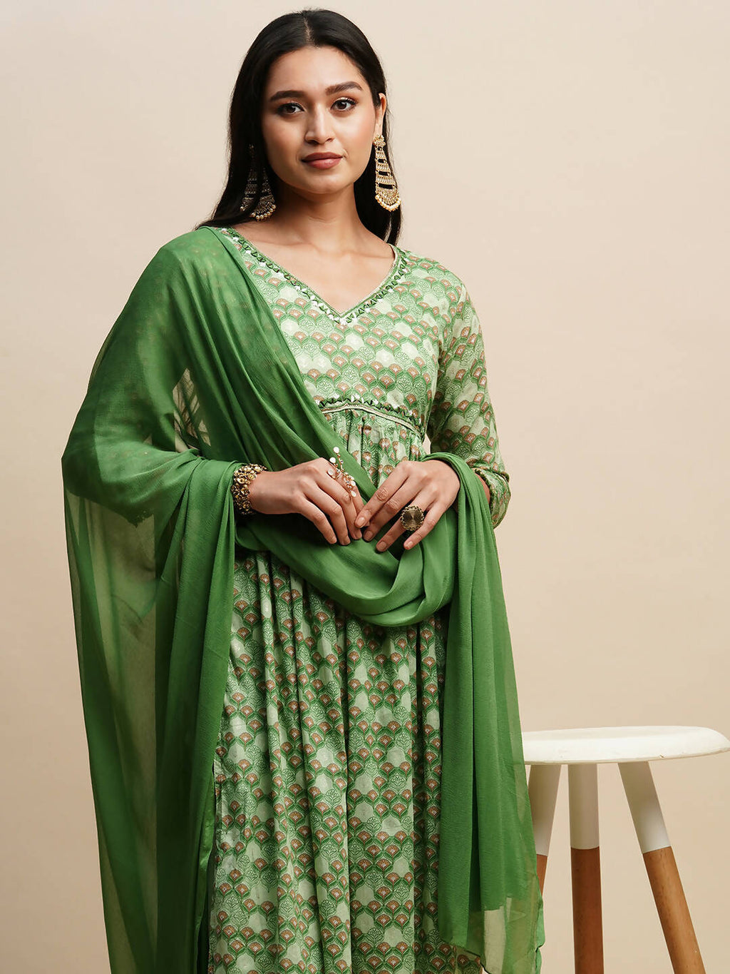 Green Pure Cotton Floral Printed Naira Cut Kurta And Bottom With Dupatta - Akashara | Grocsy