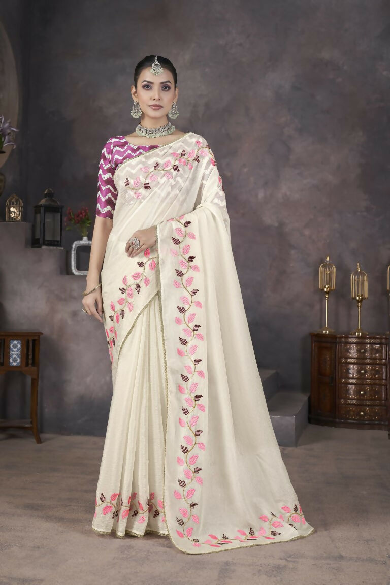 Vastranavya Off White Soft Crush Georgette Thread Embroidery work of Leaf Pattern with Patched Lace Border Saree | Grocsy