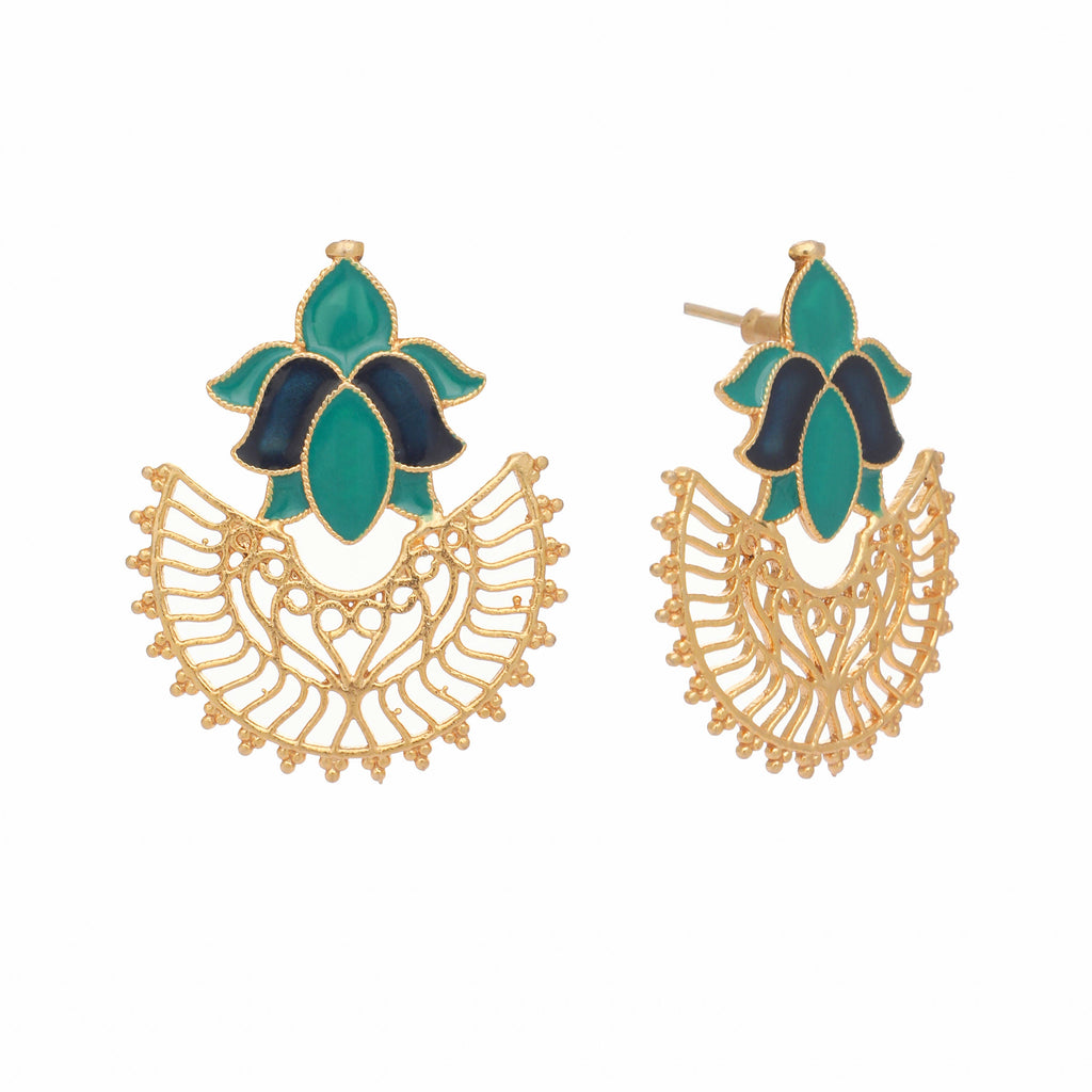 Nuyug 22K Gold Plated Turquoise Enamel Studded Indo-Western Floral Jali Statement Stud Earrings | Grocsy