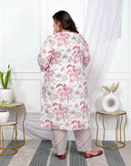 Miravan Women's Plus Size Light Pink Scenic Birds And Leaf Floral Printed Cotton Straight Pakistani Style Kurta And Palazzo | Grocsy