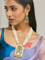 Nuyug 22K Gold-Plated Pearl Beaded Strings Green Enamel Pendant with Floral Motifs Necklace Set | Grocsy
