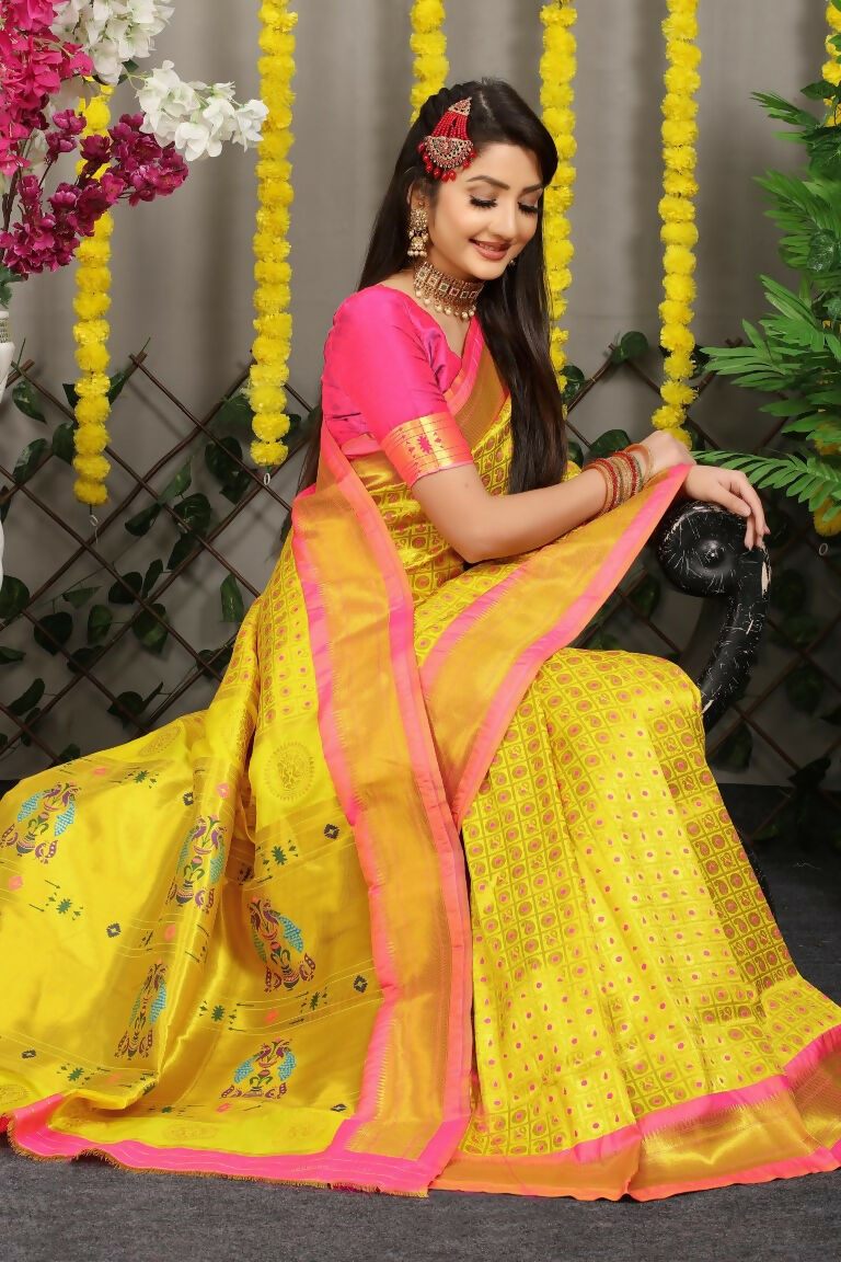 Jyoti Fashion Women's Yellow Banarasi Silk Zari Woven Saree with Blouse | Grocsy