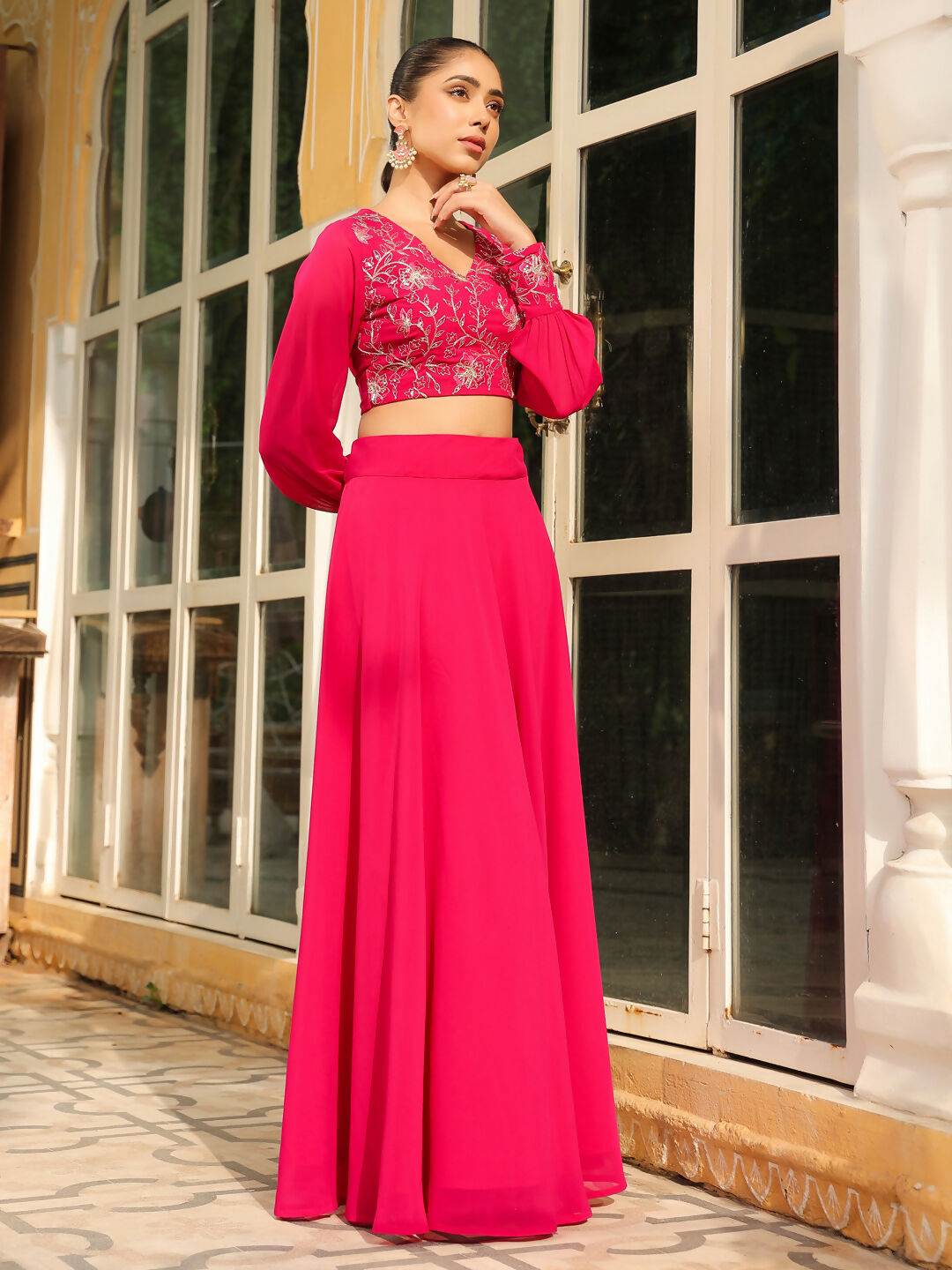 Janasya Pink Georgette Embroidered Top & Skirt | Grocsy