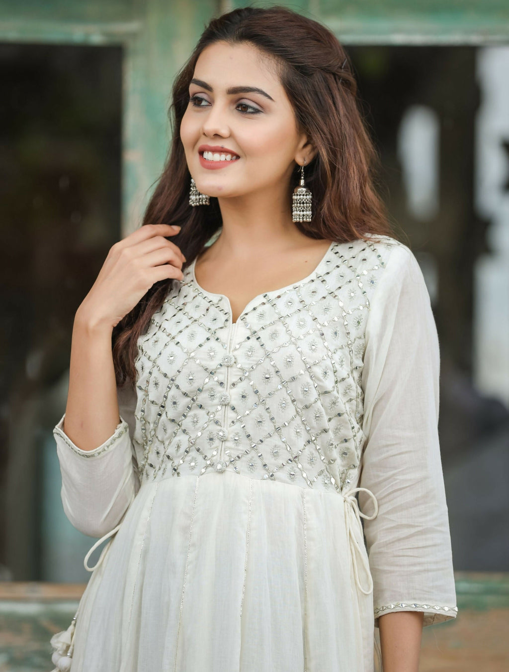Kaajh Women's Off-White Floral Embroidered Cotton Ethnic Dress | Grocsy