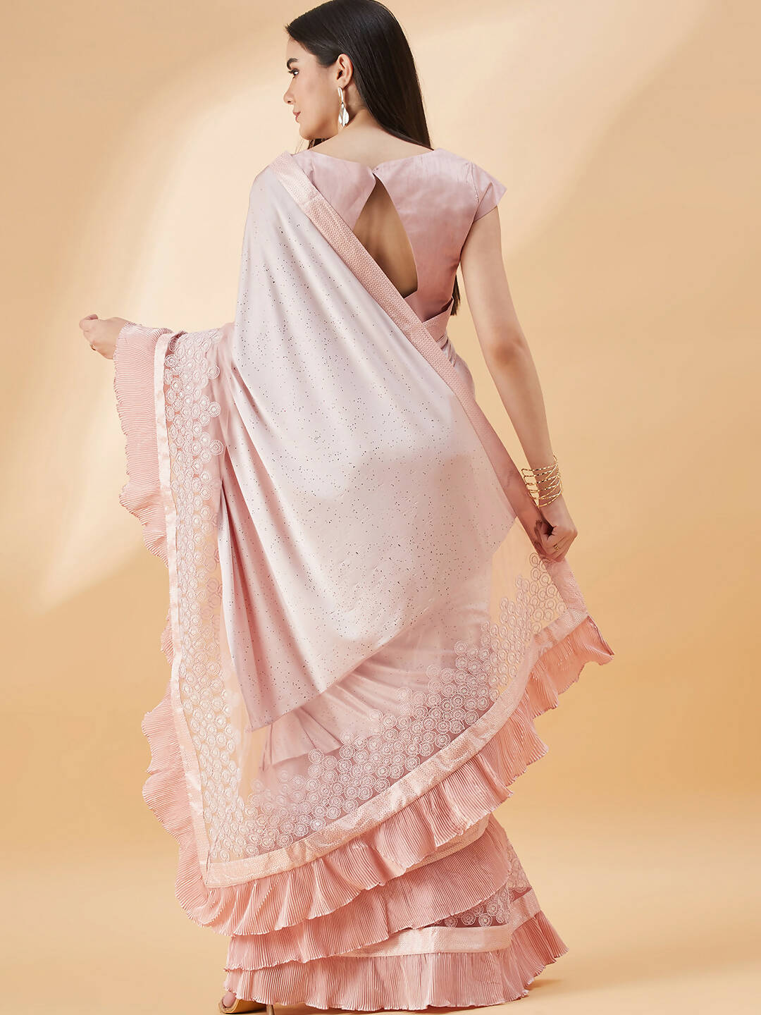 Pink Lycra Frill Details, Hand Embroidered Brooch Saree - Norita Hit Design | Grocsy