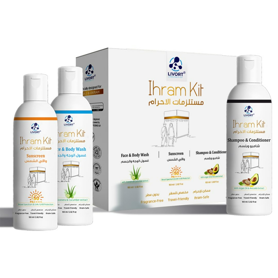 Livort Ihram Kit Hajj & Umrah Face & Body Wash Sunscreen Shampoo & Conditioner | Grocsy