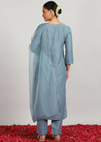 Aavyora Women's Sky Grey Embroidered Kurta Set with Dupatta | Grocsy