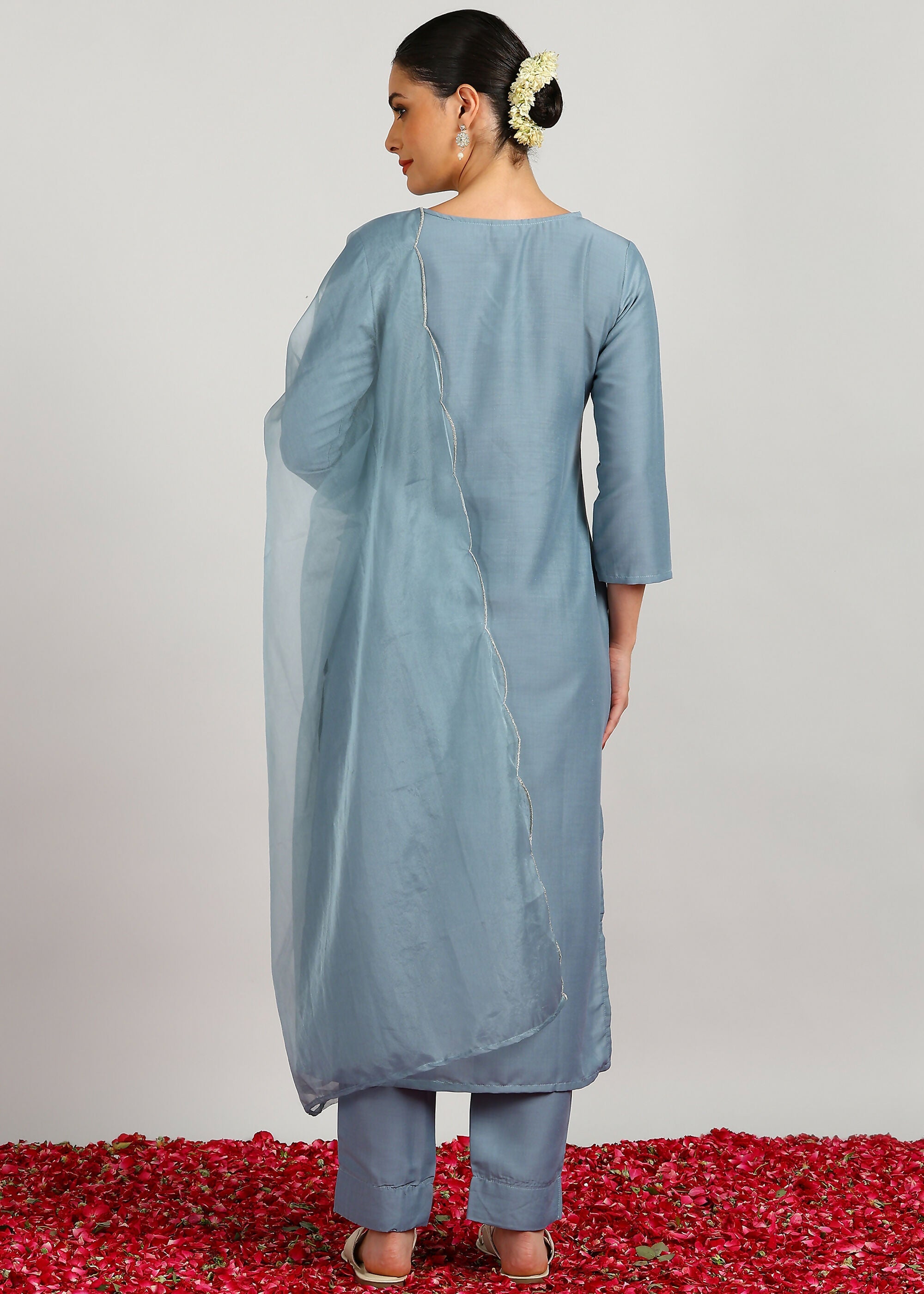 Aavyora Women's Sky Grey Embroidered Kurta Set with Dupatta | Grocsy