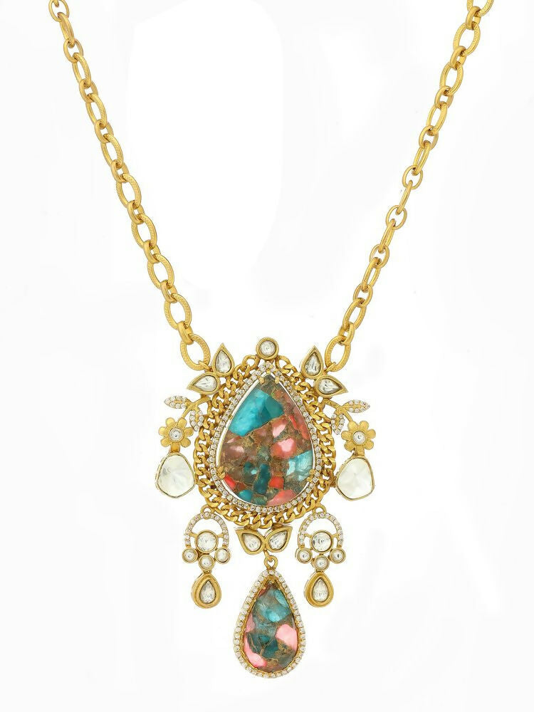 Natural Stones Antique Finish Earrings and Necklace set - Ruby Raang | Grocsy