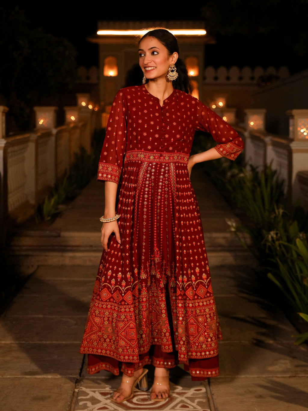Juniper Women's The Mahautsawam Maroon Ethnic Motif Printed Georgette Dress With Thread & Mirror Work | Grocsy