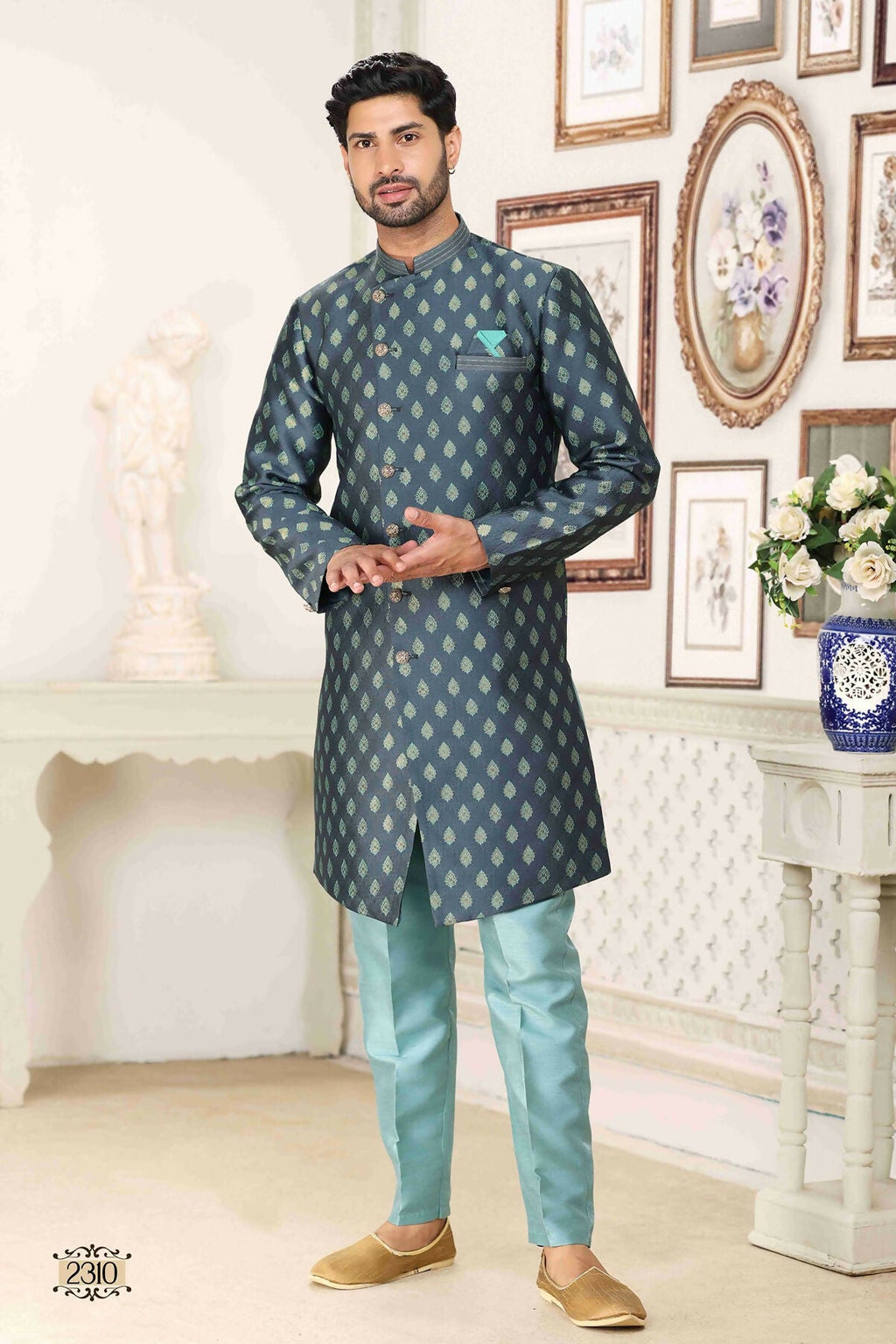 Raivat Ethnic Banarasi Jacquard Embroidery Semi Indo Western Sherwani In Grey Blue Colour | Grocsy