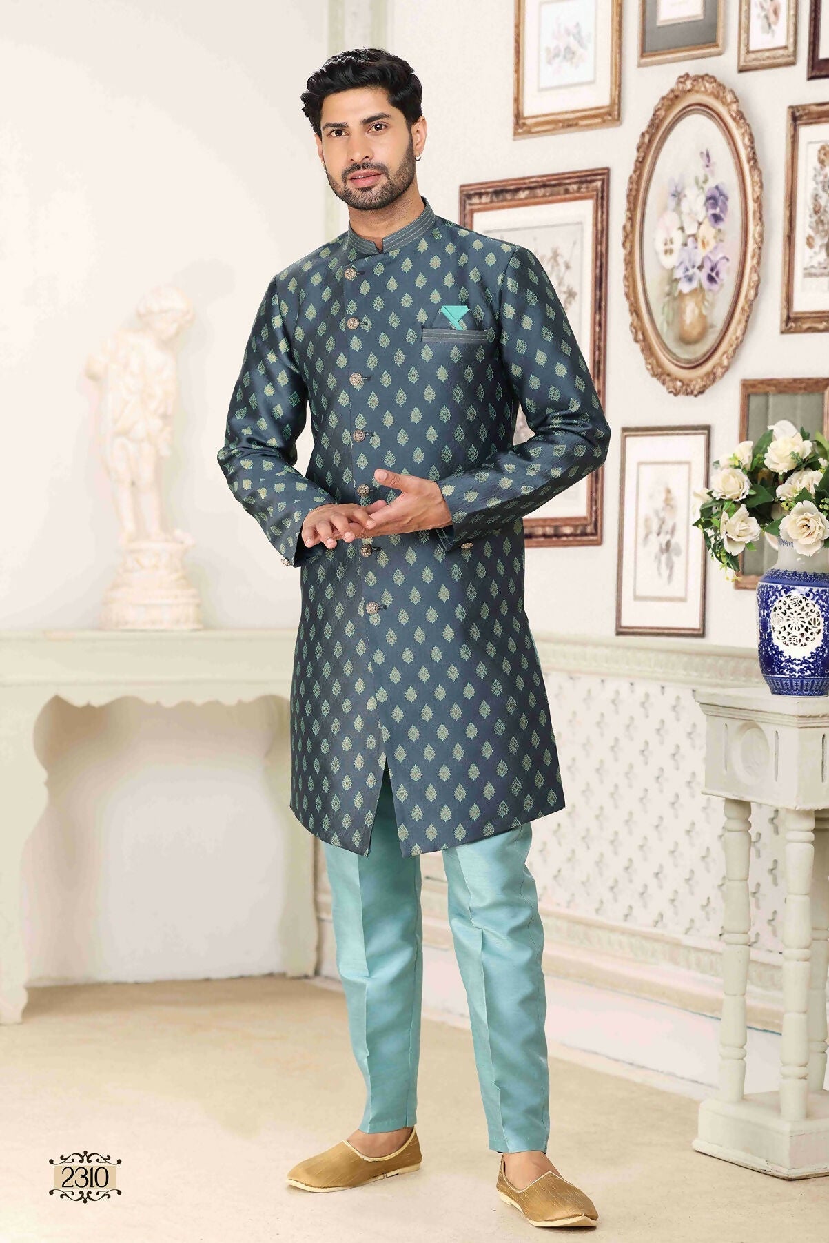 Raivat Ethnic Banarasi Jacquard Embroidery Semi Indo Western Sherwani In Grey Blue Colour | Grocsy