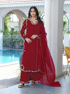 Nikhaar Maroon Embroidered Modal Silk Stitched Straight Cut Kurta Culottes Dupatta Readymade Suit | Grocsy