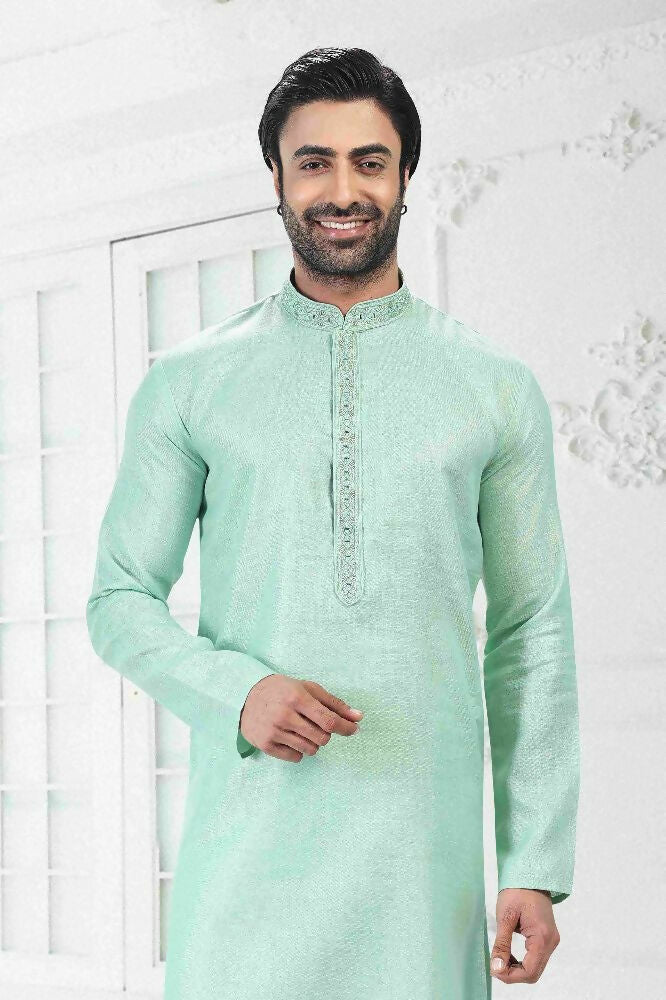 Raivat Ethnic Linen Cotton Thread Work Kurta Pajama In Pista Green Colour | Grocsy