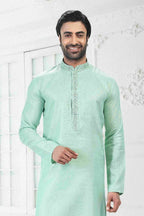 Raivat Ethnic Linen Cotton Thread Work Kurta Pajama In Pista Green Colour | Grocsy