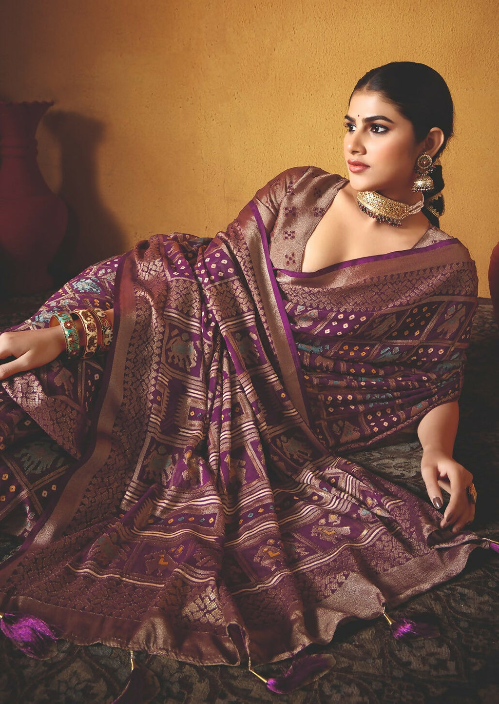 Joban Fashion Wine Dull Moss Brasso Saree | Grocsy