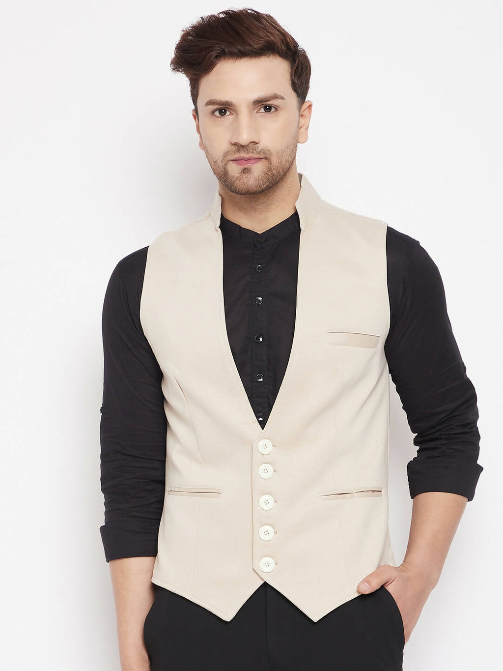 Even Apparels Cream Merino Men Woven Nehru Jacket | Grocsy