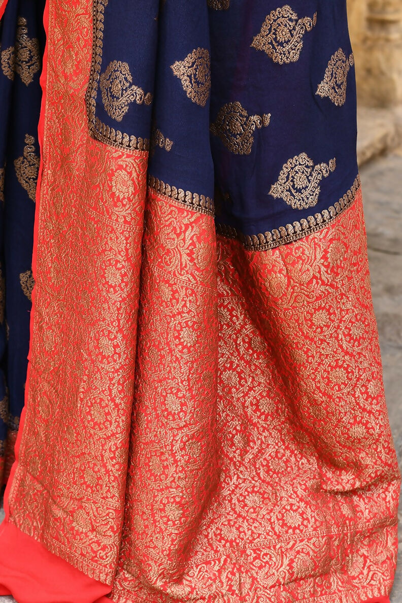 Joban Fashion Navy Blue Crepe Chiffon Pure Handloom Banarasi Silk Saree | Grocsy