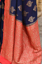Joban Fashion Navy Blue Crepe Chiffon Pure Handloom Banarasi Silk Saree | Grocsy