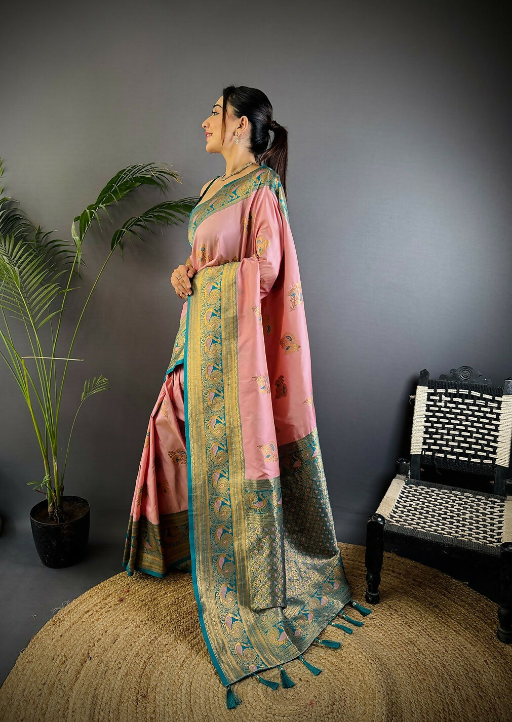 Joban Fashion Banarasi Baby Pink Woven Soft Silk Saree | Grocsy