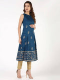 Aniyah Rayon Block Print Flared Blue Kurta (AN-149K) | Grocsy