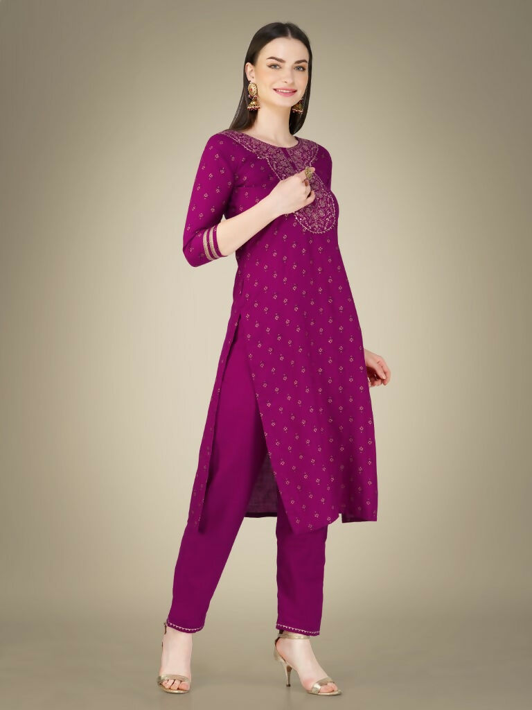 Jyoti Fashion Women's Purple Cotton Magic Slub Embroidery & Sequence work Kurta with Trouser & Dupatta | Grocsy