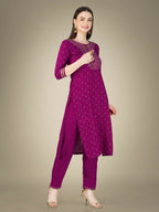 Jyoti Fashion Women's Purple Cotton Magic Slub Embroidery & Sequence work Kurta with Trouser & Dupatta | Grocsy