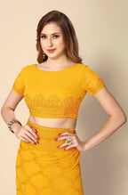 Mustard Georgette Embroidered and Stone Work Saree with Unstitched Blouse Piece - Roozal | Grocsy