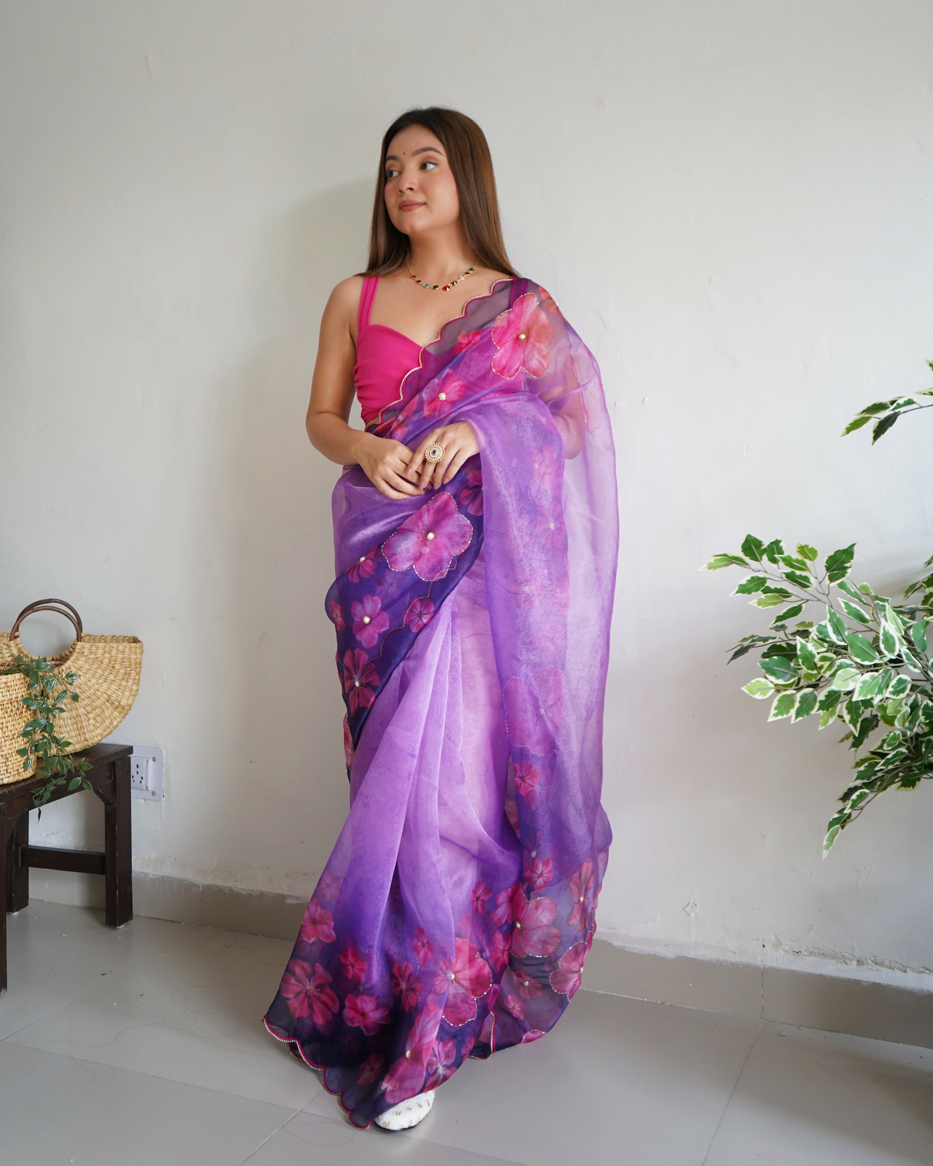 Vamsee Ramya Purple Organza Saree | Grocsy