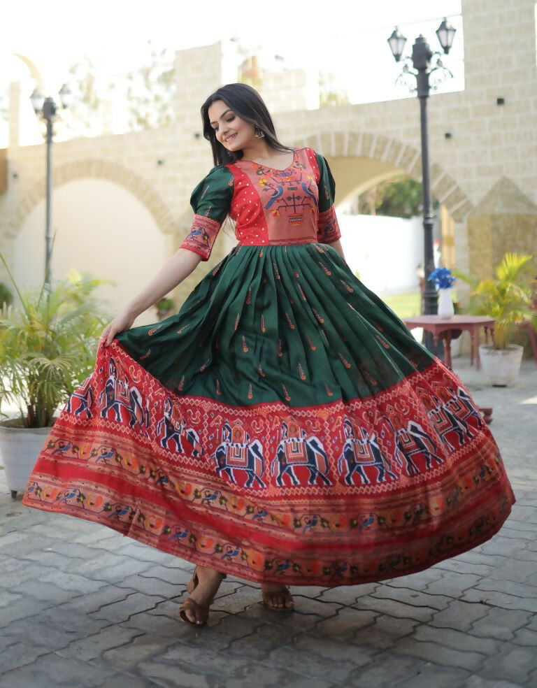 Jyoti Fashion Women's Bottle Green Patola with Foil Print Dola Silk Anarkali Dress | Grocsy