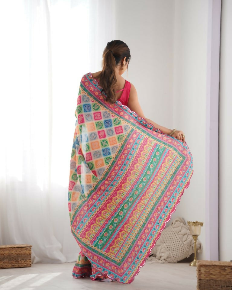 Multy Chinon Designer Digital Printed & Mirror Cut Work Saree - Kriti | Grocsy