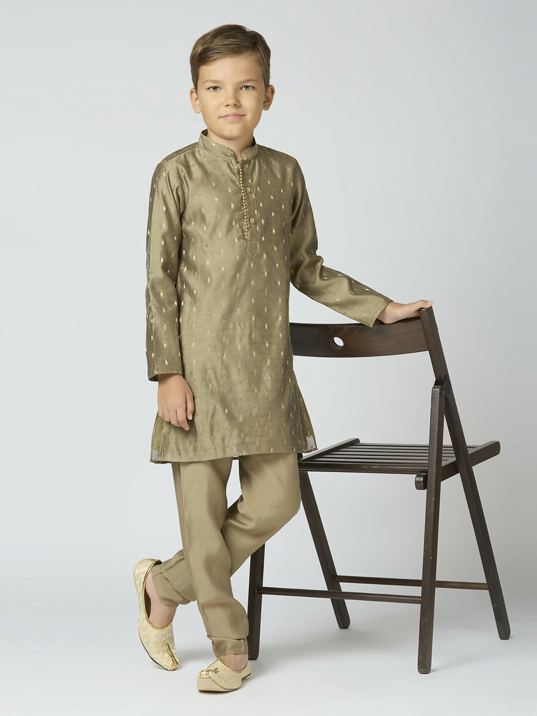 Joban Fashion Kids Island Full Sleeves Chanderi Kurta, Pyjama Set with Traditional Butta Work - Grey | Grocsy